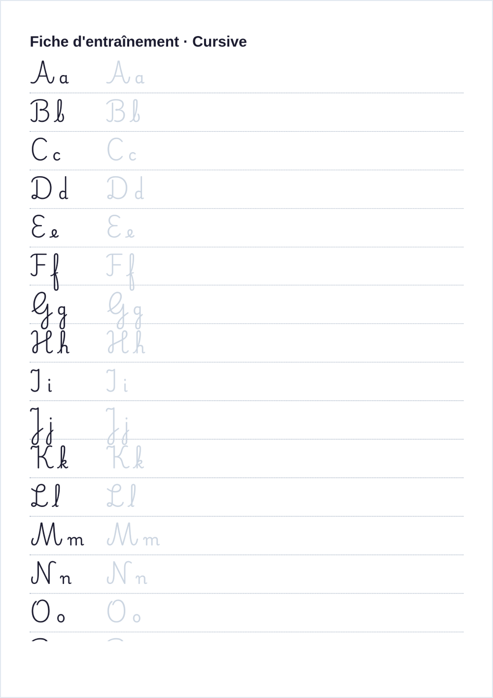 Alphabet cursif, Fiches d'écriture à imprimer: aperçu de la fiche à imprimer