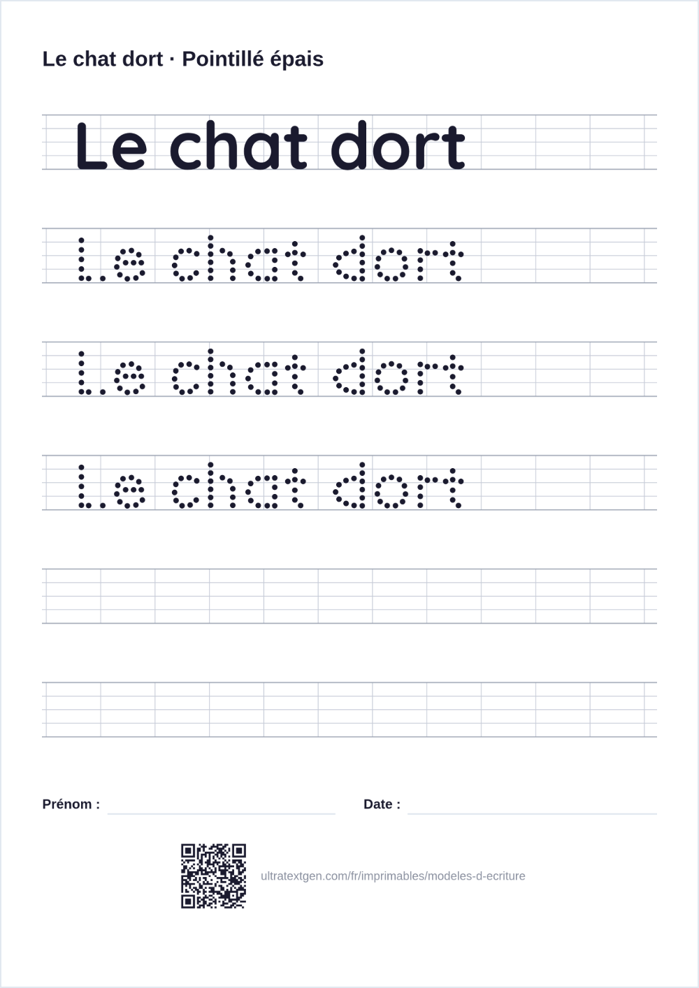 Générateur de modèles d'écriture: aperçu de la fiche à imprimer