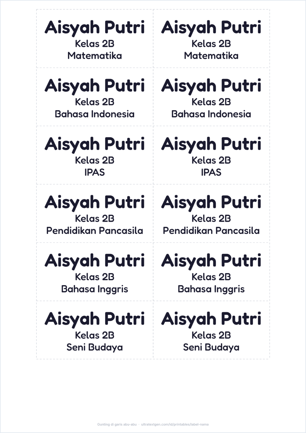 Label Nama Buku dan Barang Sekolah: pratinjau lembar cetak