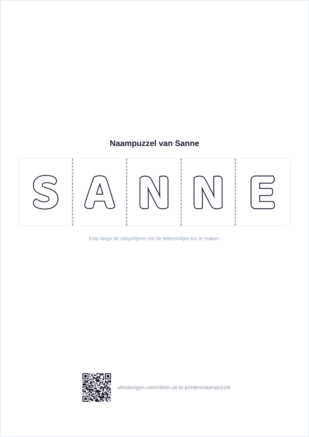 Voorbeeld van een naampuzzel: de naam SANNE als holle letterstukken met stippellijnen ertussen