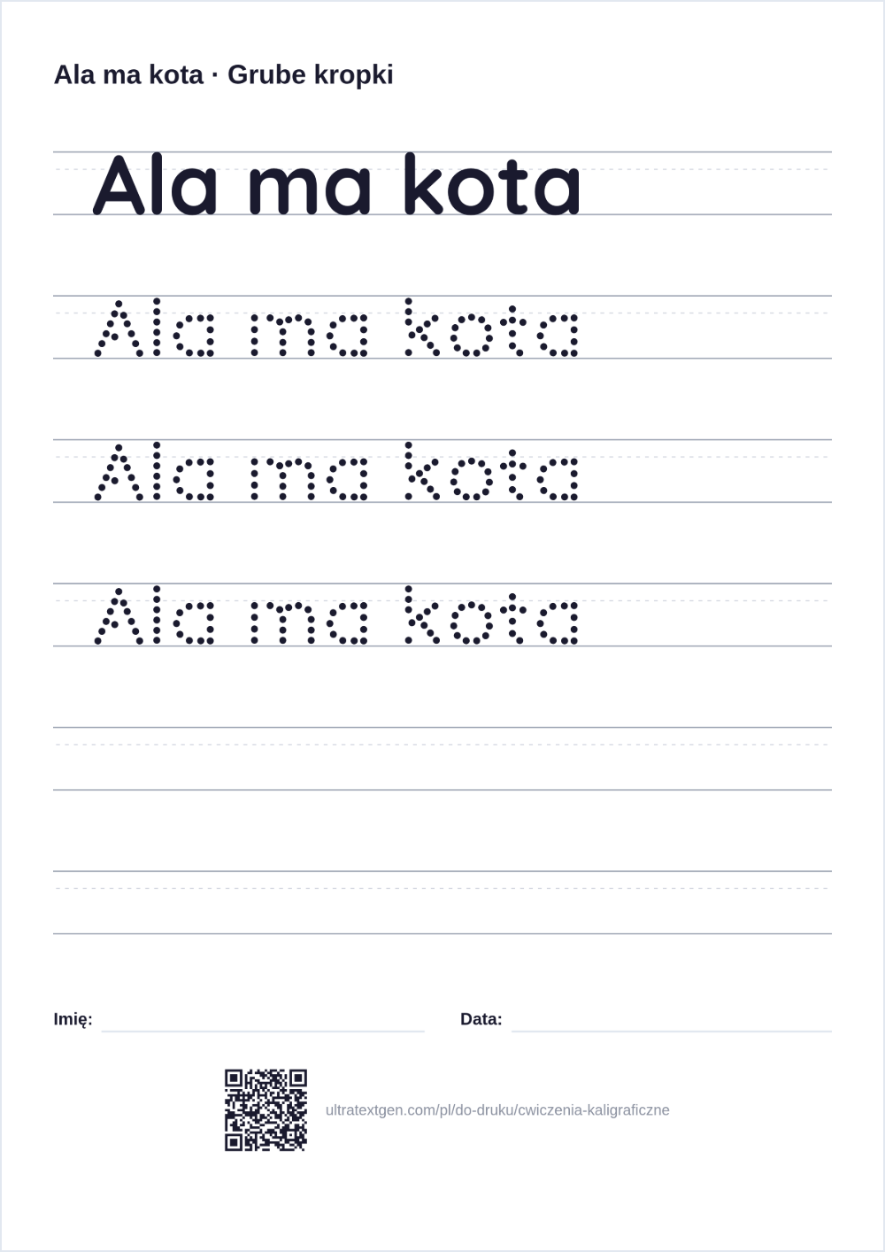 Ćwiczenia kaligraficzne dla dzieci: podgląd arkusza do druku