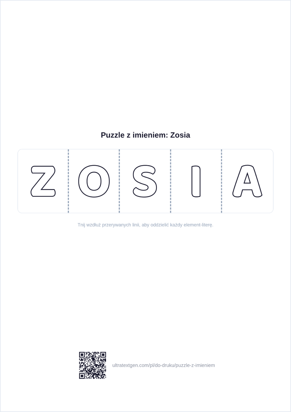 Przykładowe puzzle z imieniem: litery jako puste elementy oddzielone przerywanymi liniami cięcia