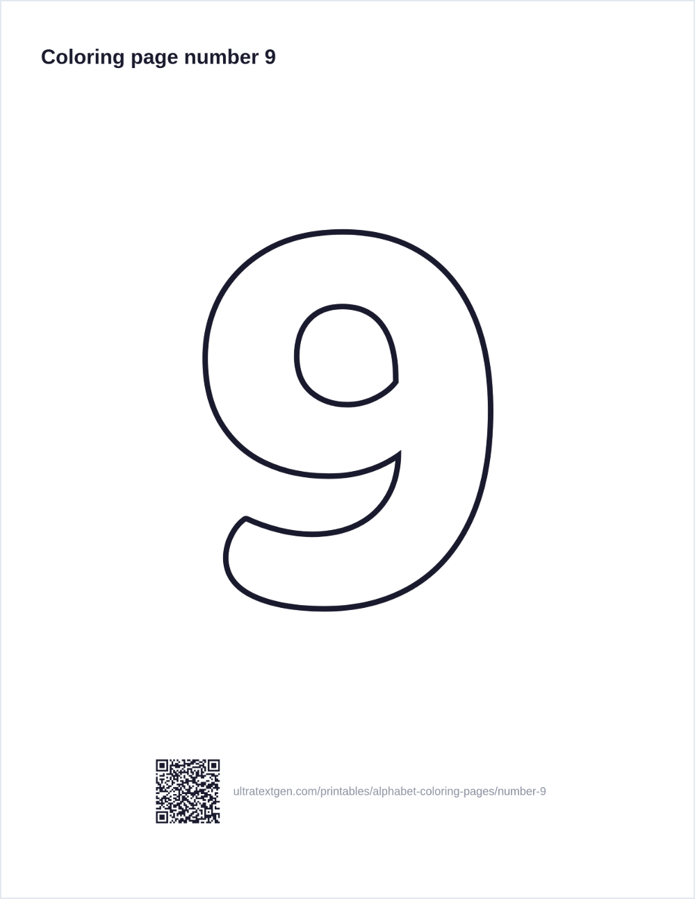 Number 9 coloring page: large outline number to print and color in