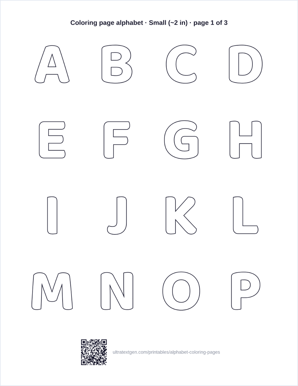 Alphabet coloring page: the first sheet of the A to Z and 0 to 9 set, outline letters to print and color in