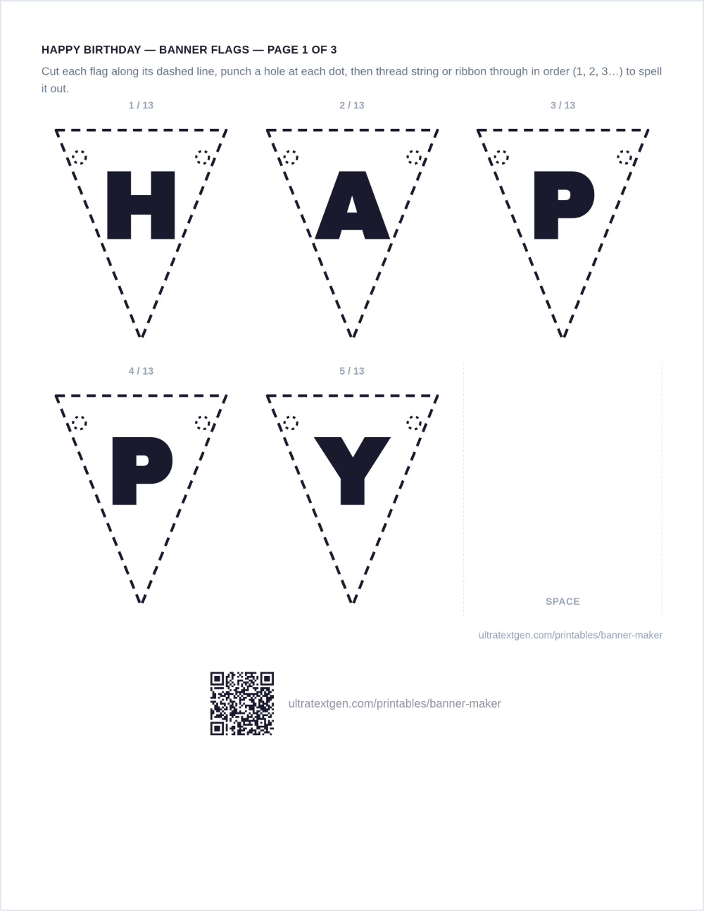 Printable banner sample: the first sheet of pennant flags spelling HAPPY BIRTHDAY, one letter per flag