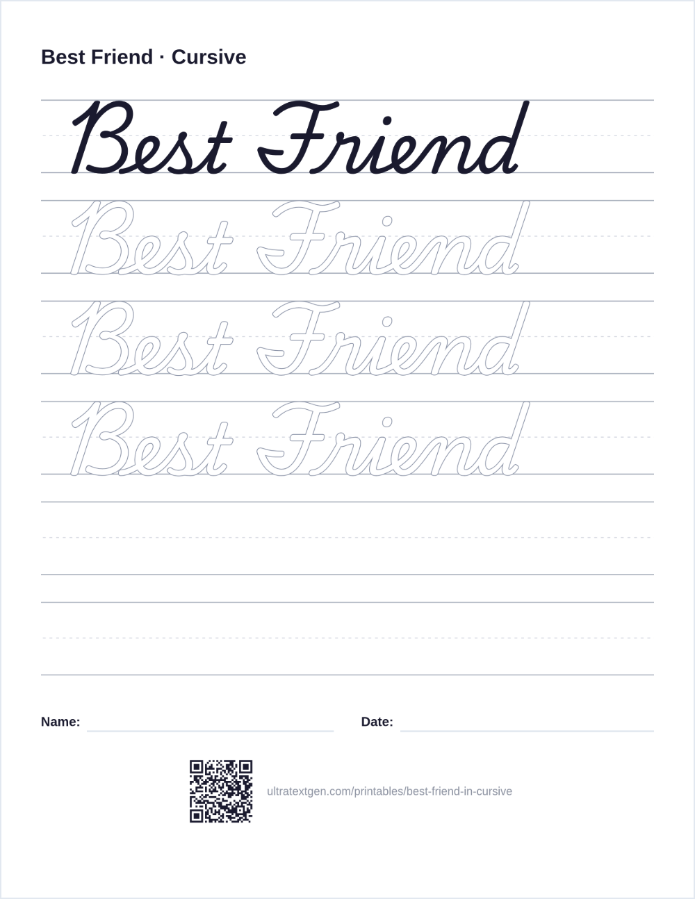 Best Friend in cursive: a script model above outlined copies to trace on ruled lines