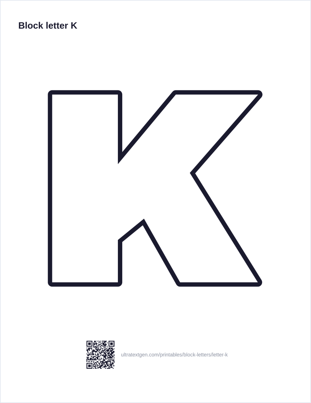 Printable block letter K stencil: hollow outline to print, trace and cut out