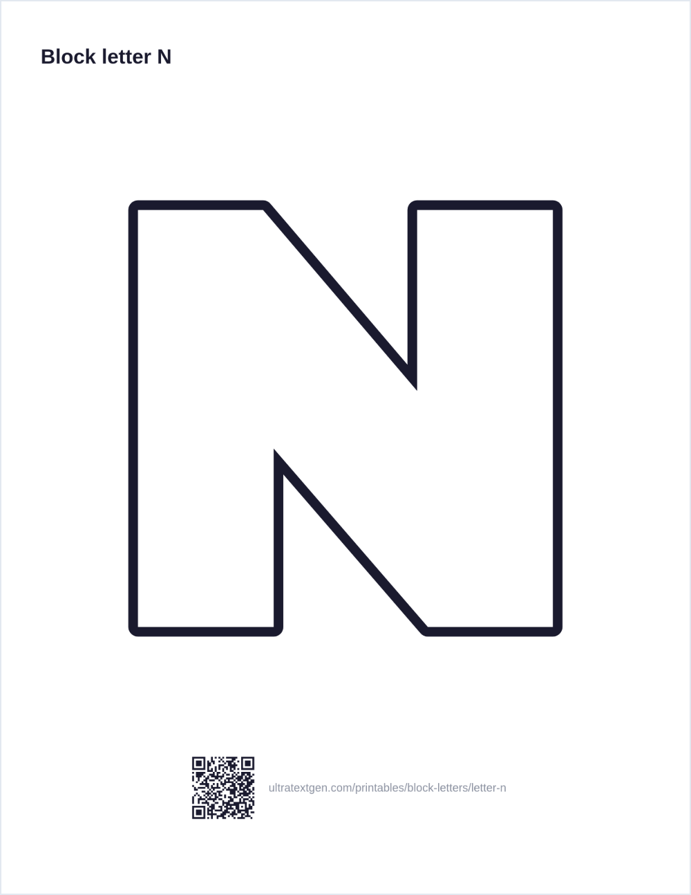 Printable block letter N stencil: hollow outline to print, trace and cut out