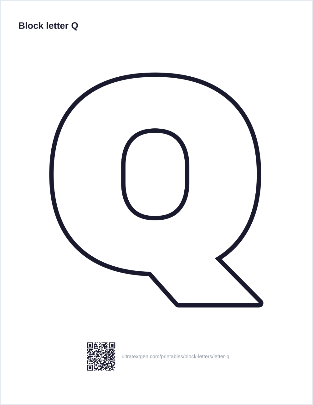 Printable block letter Q stencil: hollow outline to print, trace and cut out