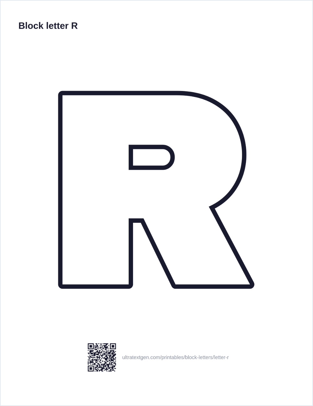 Printable block letter R stencil: hollow outline to print, trace and cut out