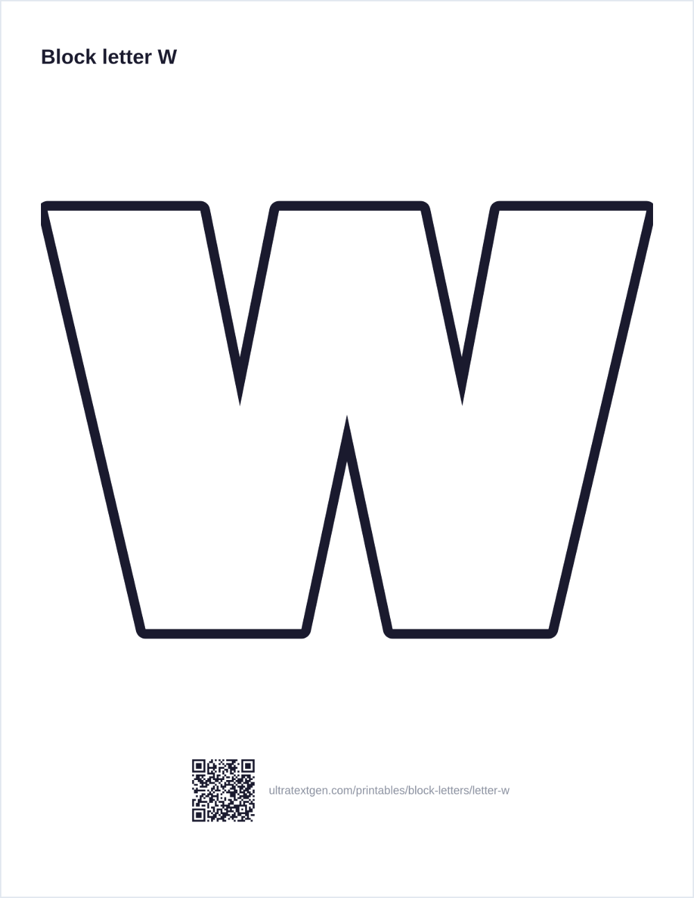 Printable block letter W stencil: hollow outline to print, trace and cut out
