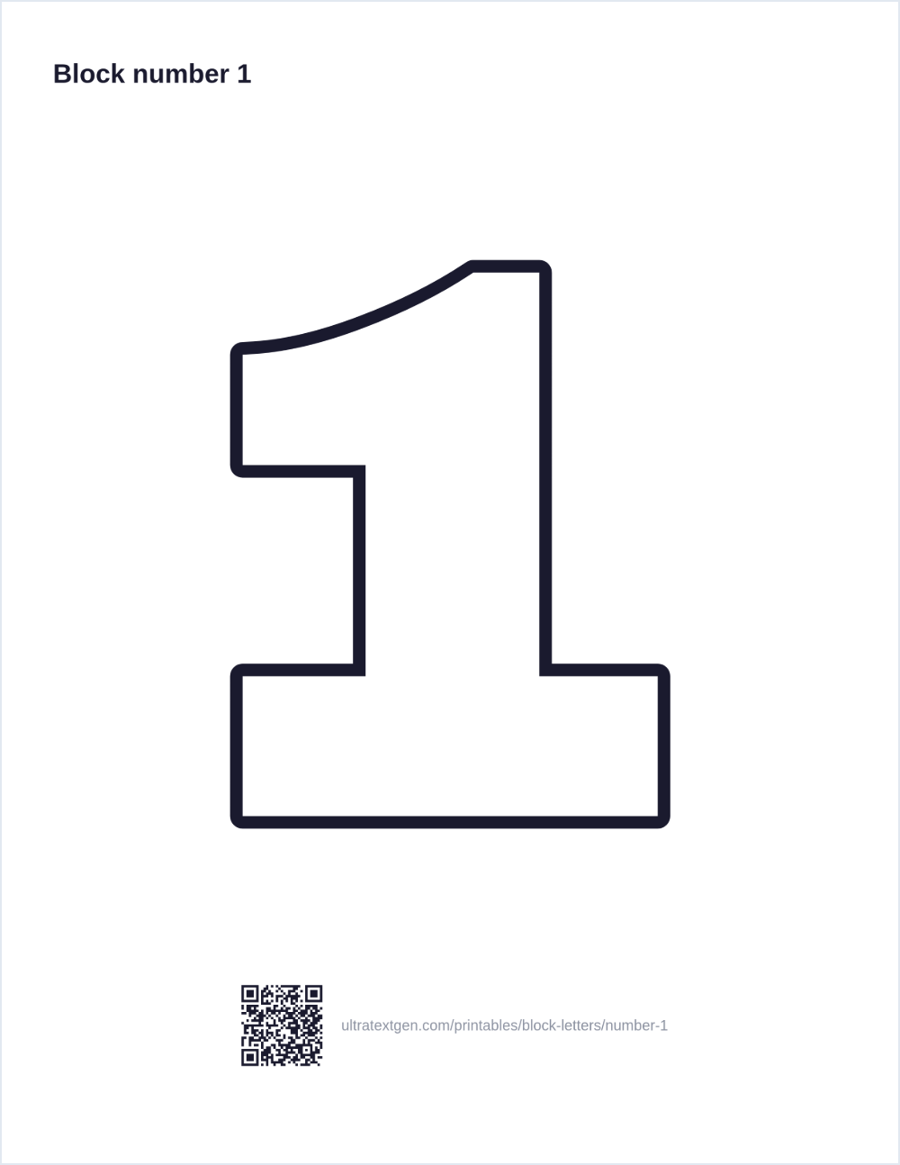 Printable block number 1 stencil: hollow outline to print, trace and cut out