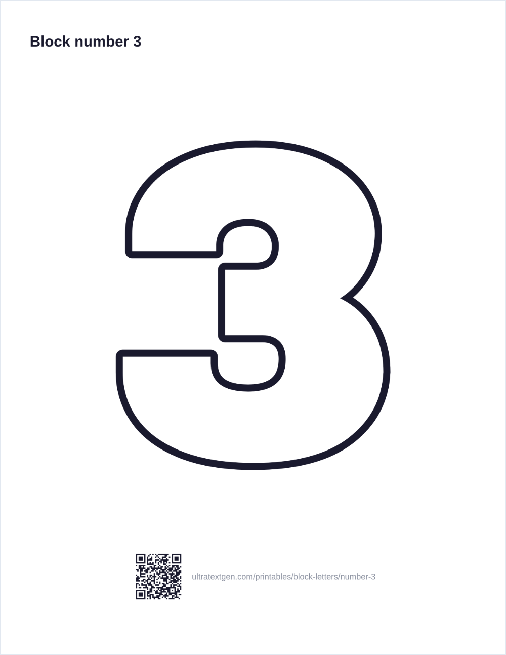 Printable block number 3 stencil: hollow outline to print, trace and cut out