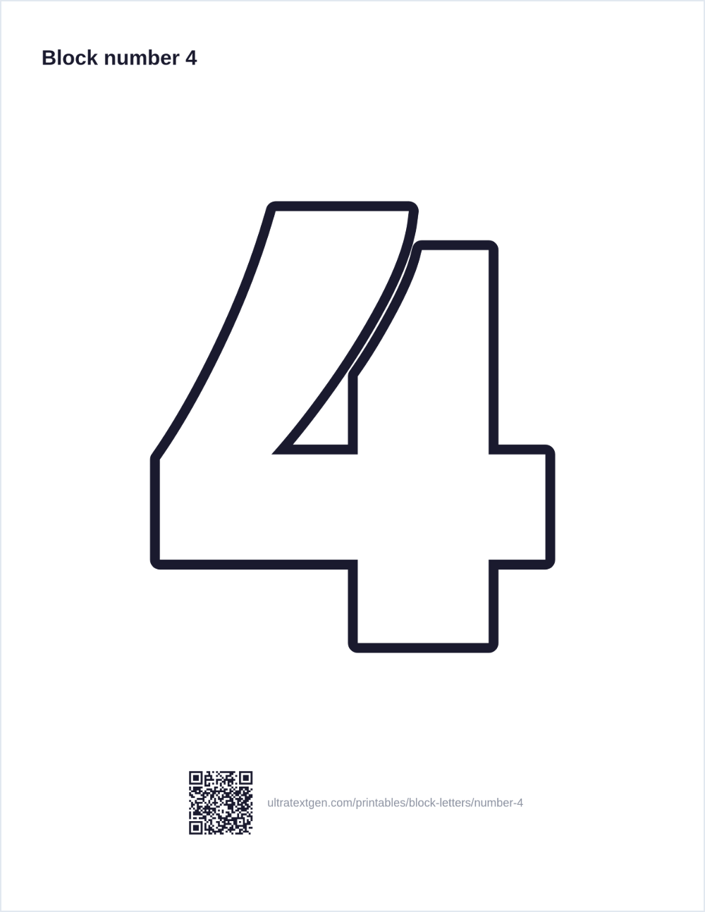 Printable block number 4 stencil: hollow outline to print, trace and cut out