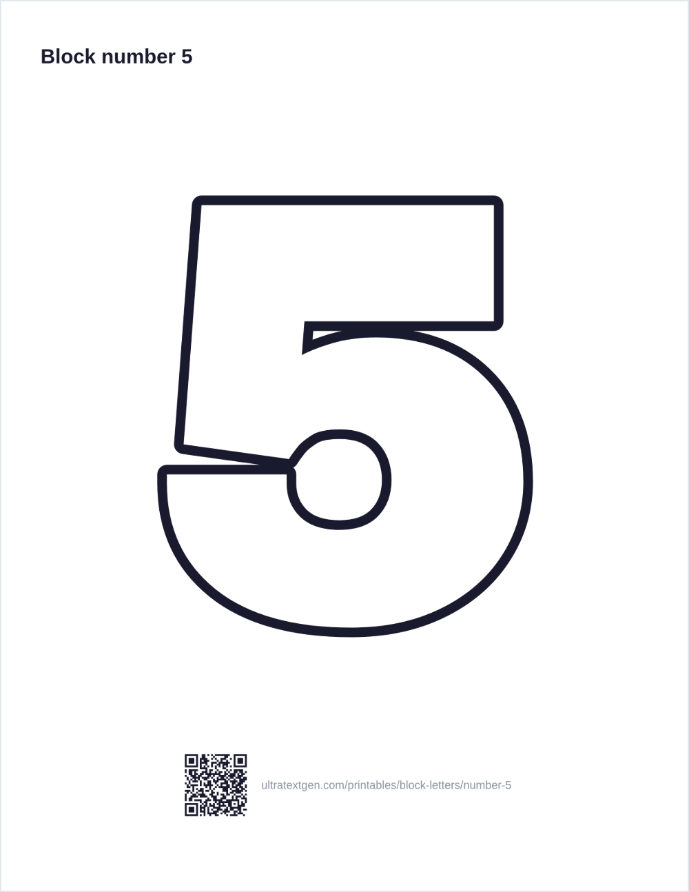 Printable block number 5 stencil: hollow outline to print, trace and cut out