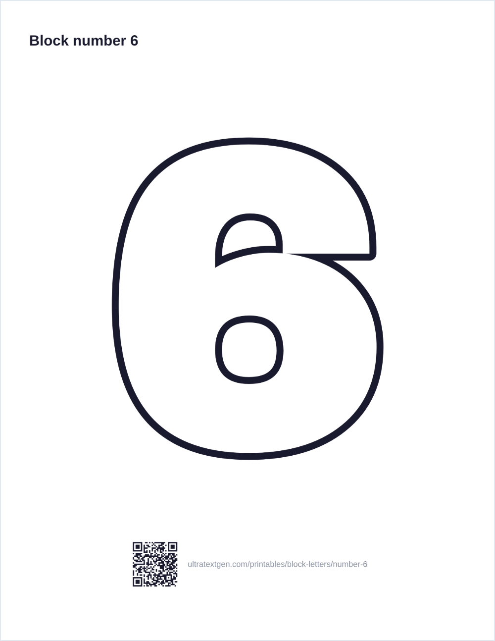 Printable block number 6 stencil: hollow outline to print, trace and cut out