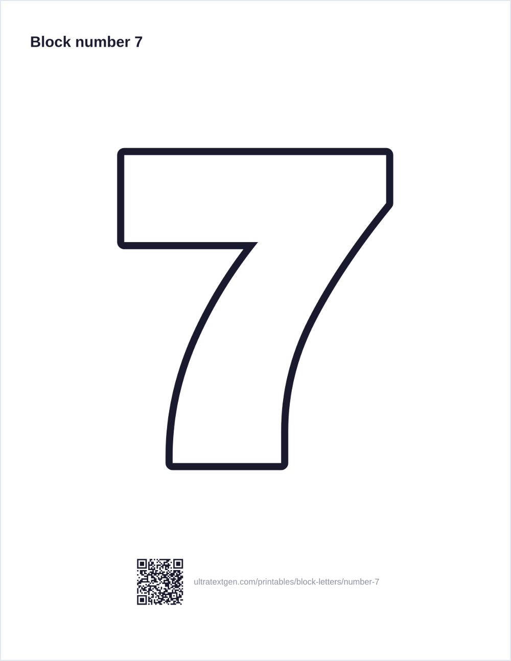 Printable block number 7 stencil: hollow outline to print, trace and cut out