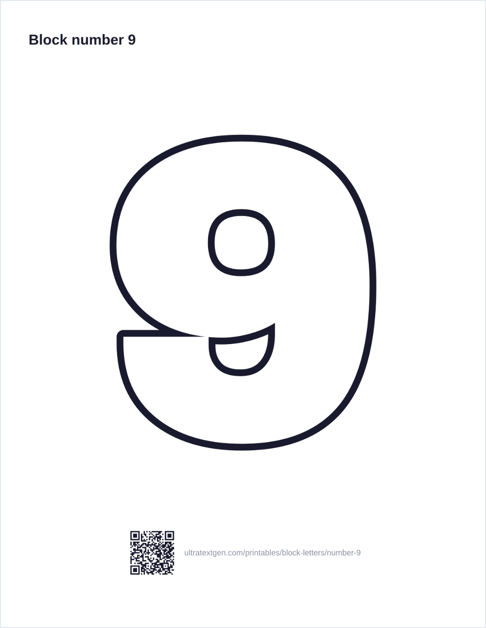 Printable block number 9 stencil: hollow outline to print, trace and cut out