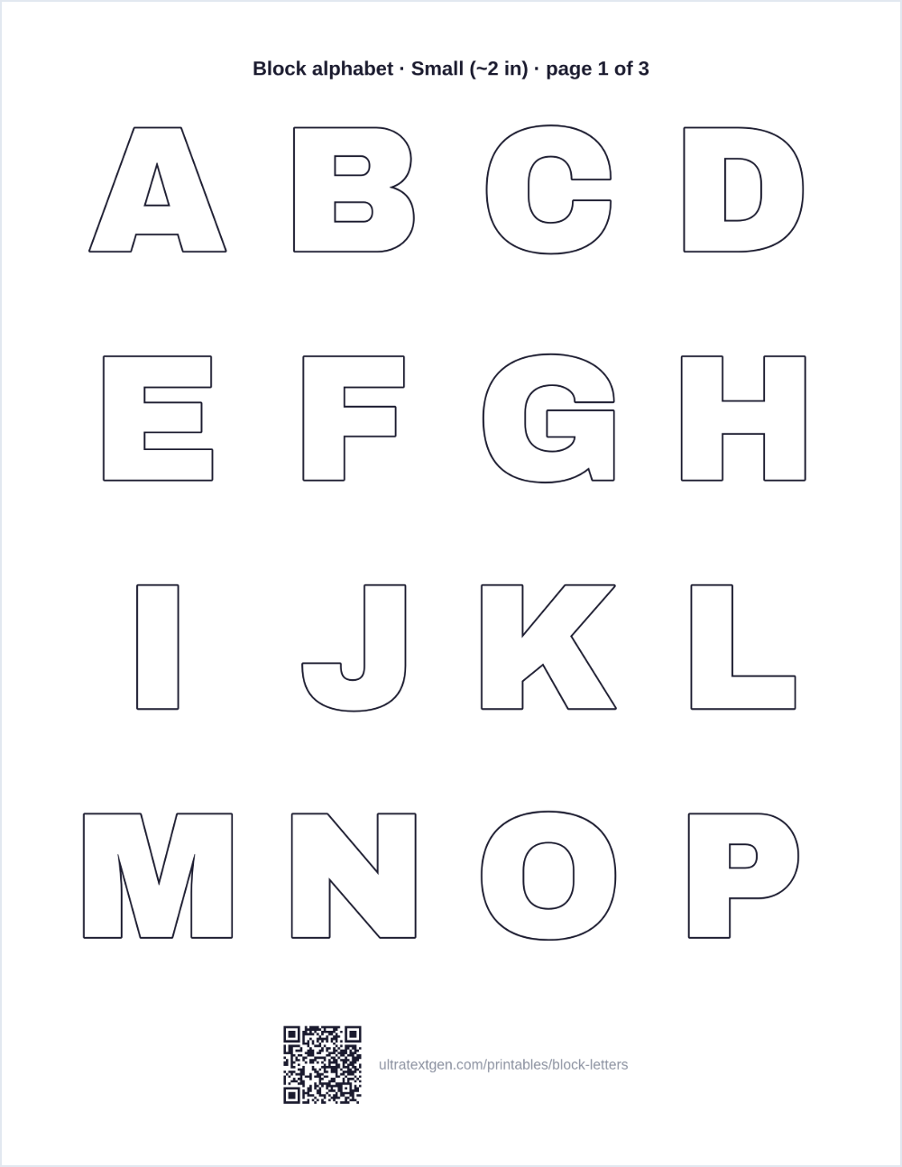 Printable block letter alphabet: the first sheet of the A to Z and 0 to 9 set, hollow stencil outlines
