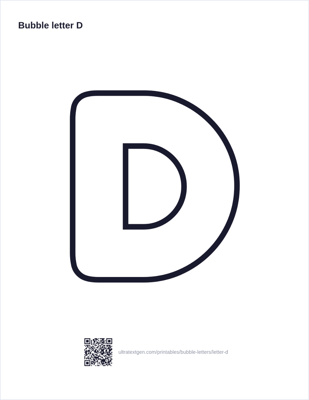 Printable bubble letter D: puffy hollow outline to print, trace and color in