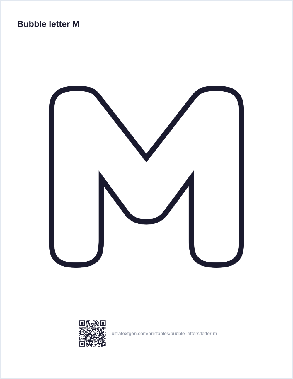 Printable bubble letter M: puffy hollow outline to print, trace and color in