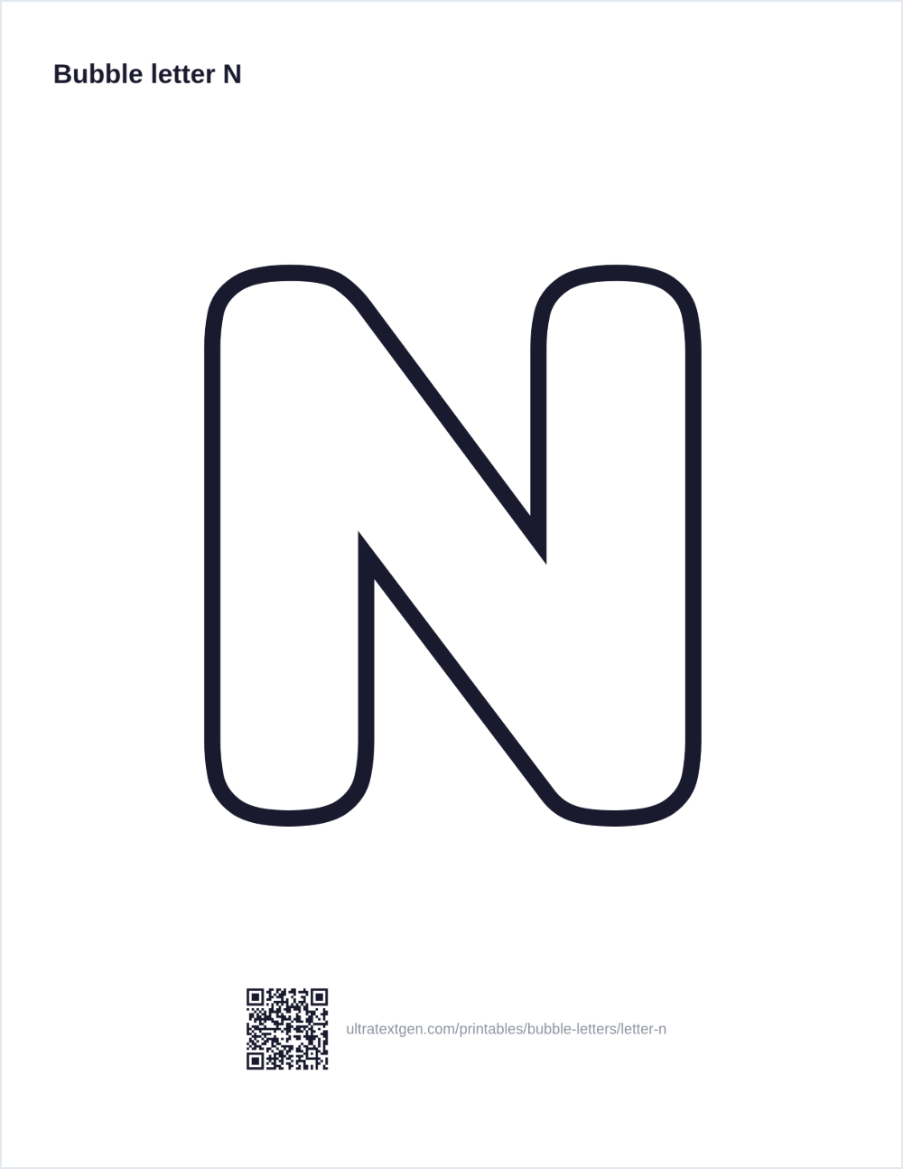 Printable bubble letter N: puffy hollow outline to print, trace and color in