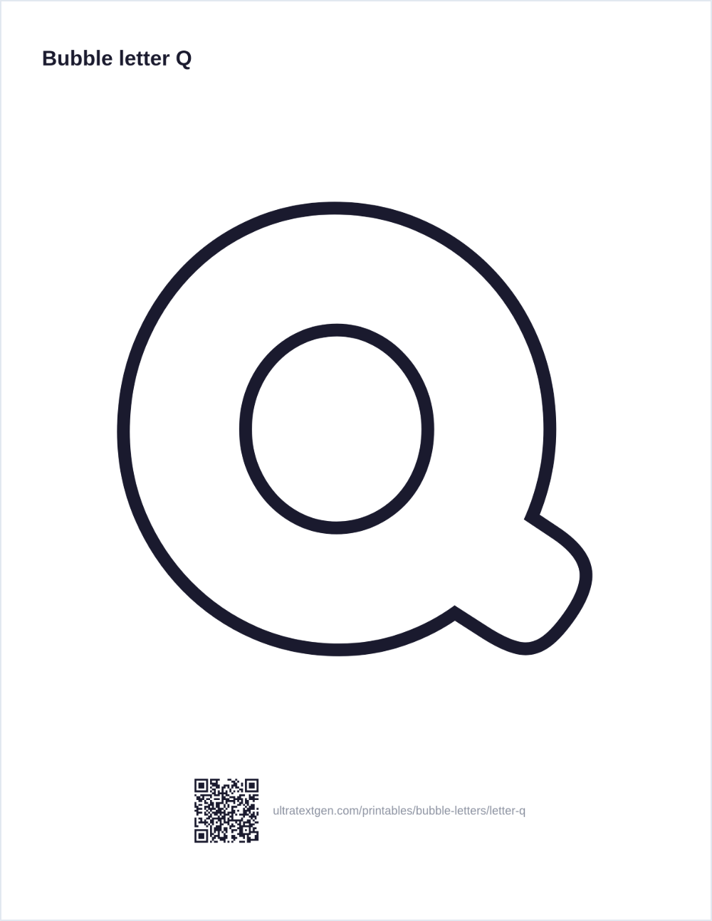 Printable bubble letter Q: puffy hollow outline to print, trace and color in