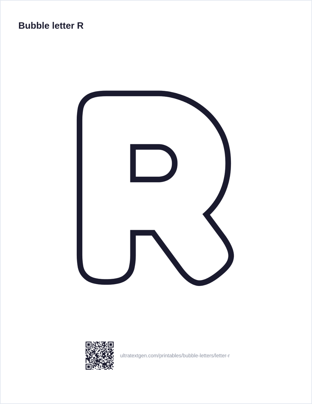 Printable bubble letter R: puffy hollow outline to print, trace and color in