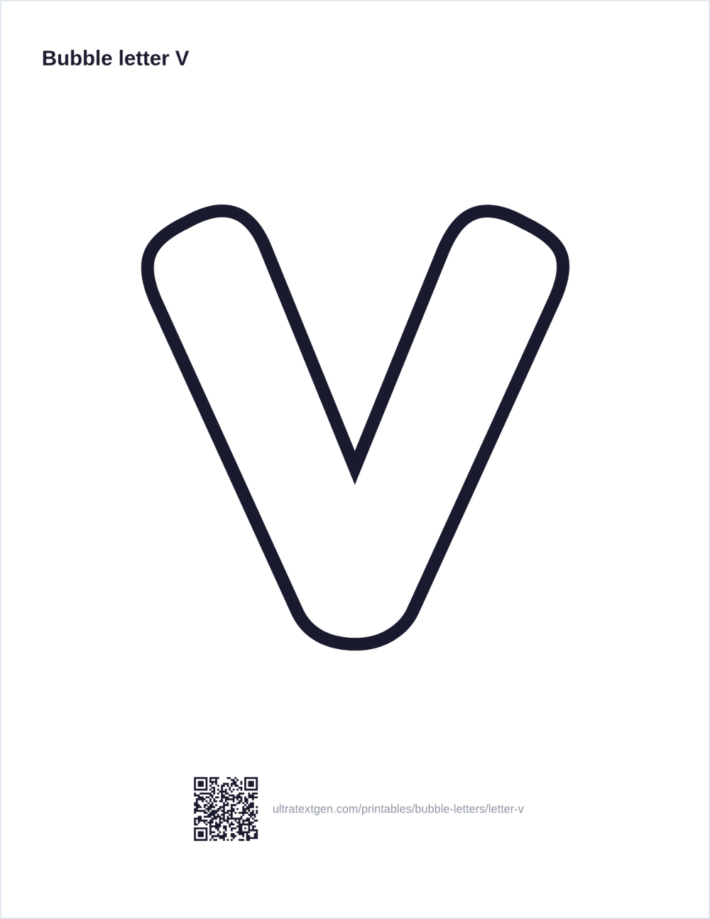 Printable bubble letter V: puffy hollow outline to print, trace and color in
