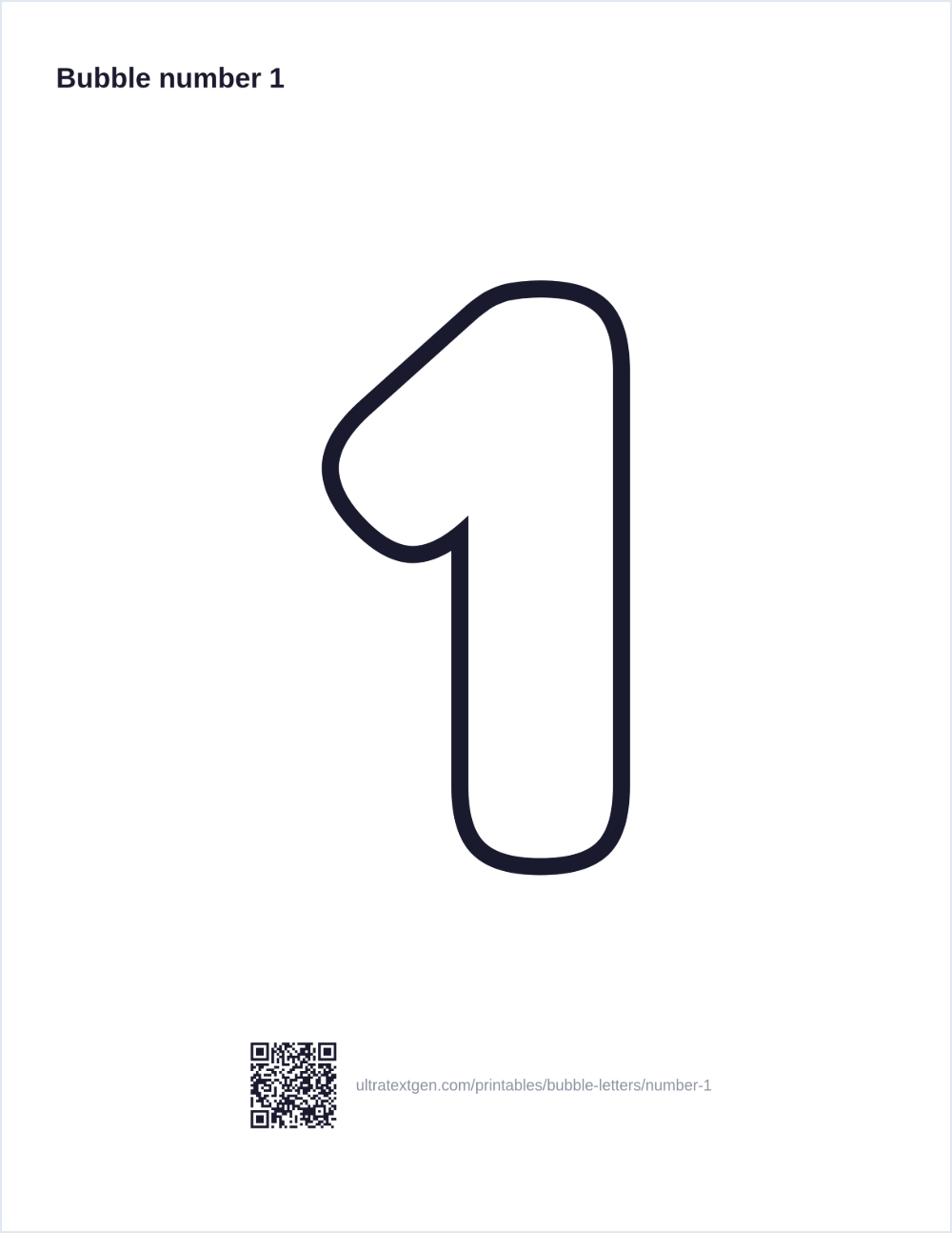 Printable bubble number 1: puffy hollow outline to print, trace and color in