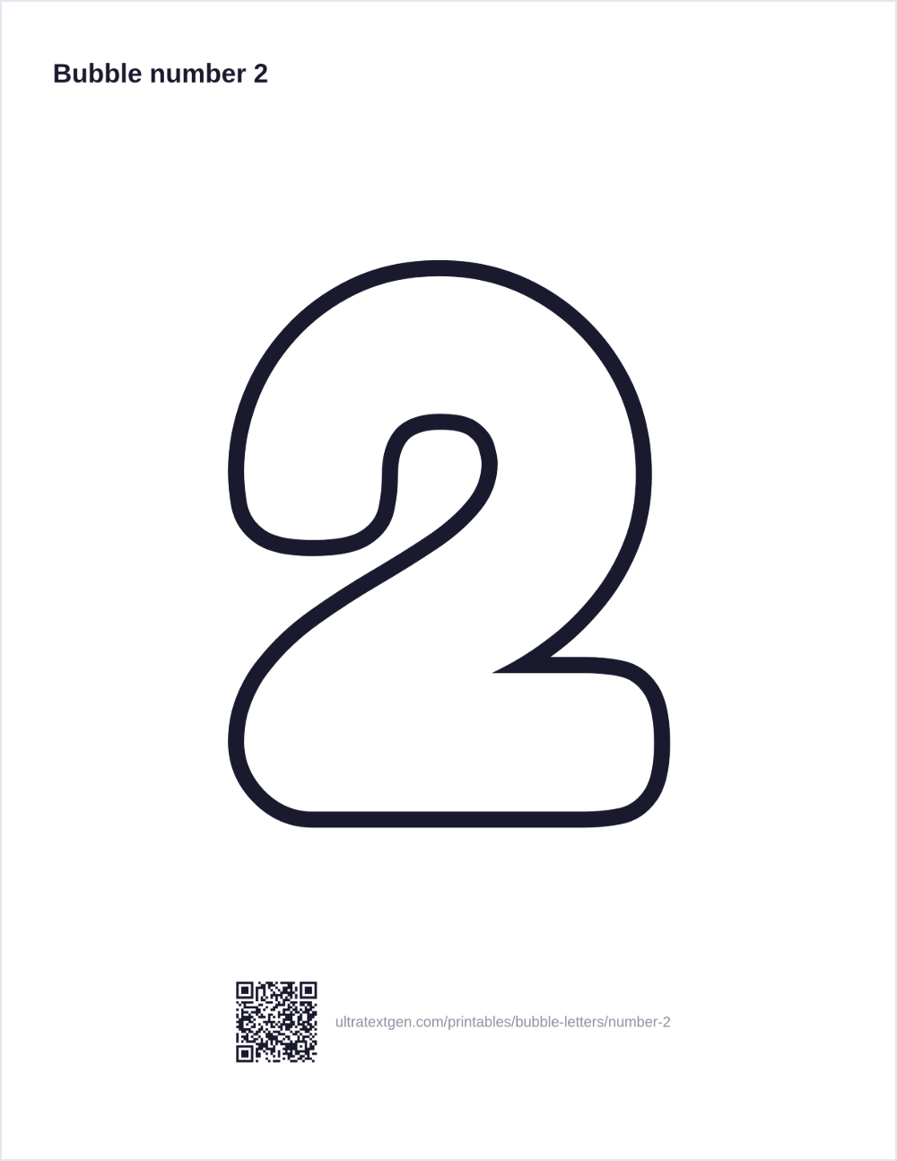Printable bubble number 2: puffy hollow outline to print, trace and color in