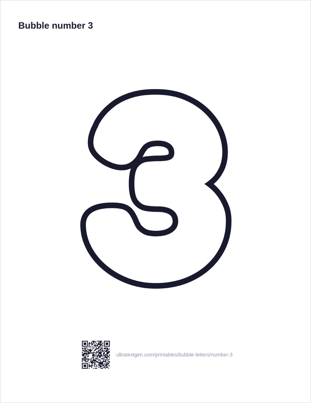 Printable bubble number 3: puffy hollow outline to print, trace and color in