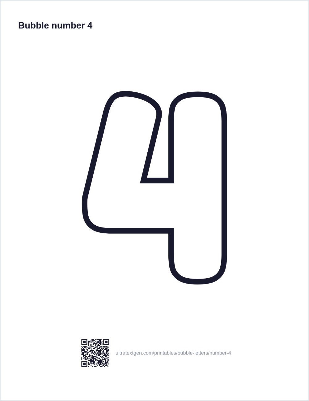 Printable bubble number 4: puffy hollow outline to print, trace and color in