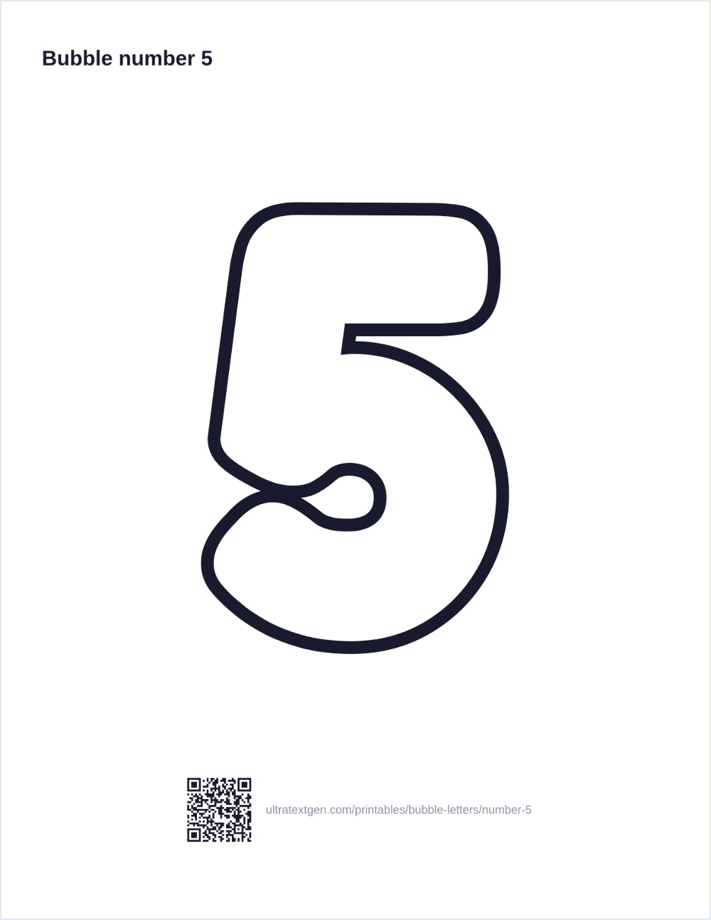 Printable bubble number 5: puffy hollow outline to print, trace and color in