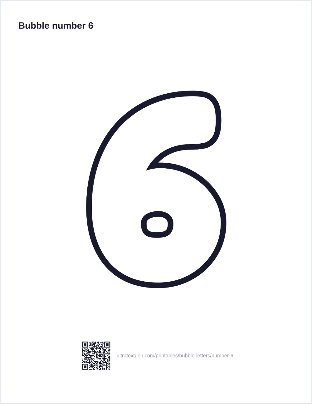 Printable bubble number 6: puffy hollow outline to print, trace and color in