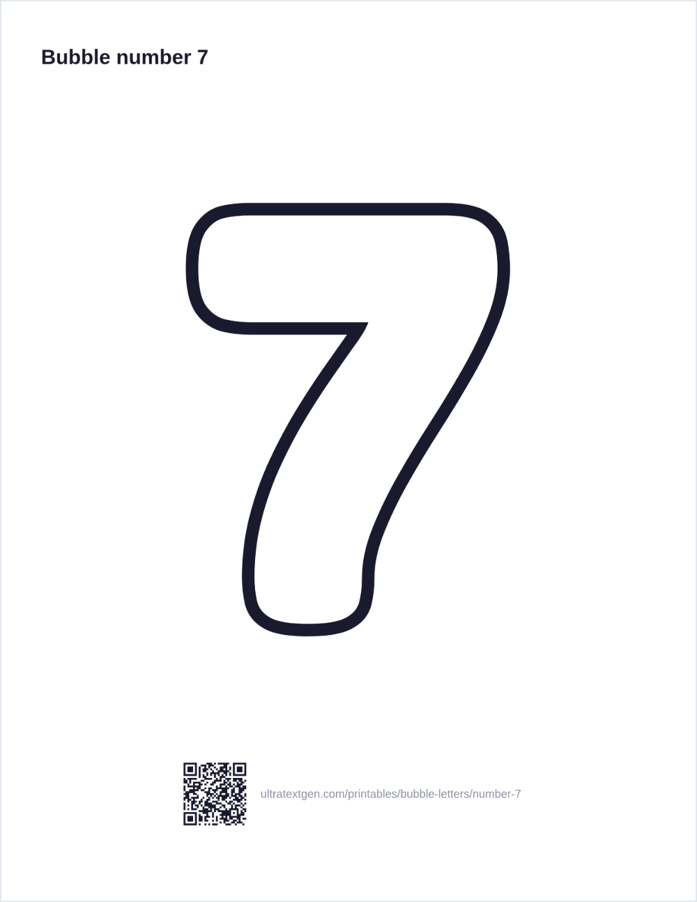 Printable bubble number 7: puffy hollow outline to print, trace and color in