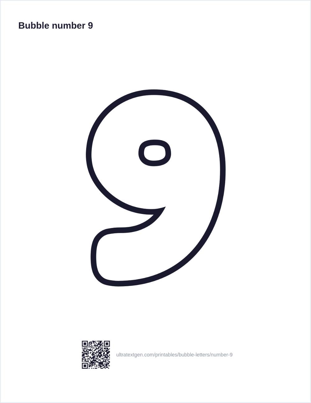 Printable bubble number 9: puffy hollow outline to print, trace and color in