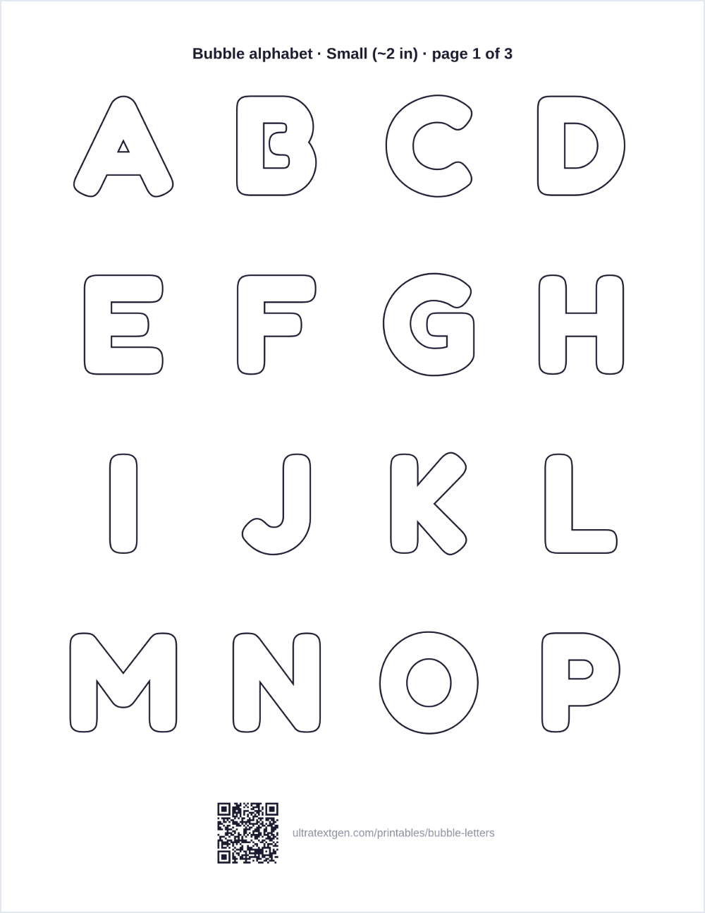 Printable bubble letter alphabet: the first sheet of the A to Z and 0 to 9 set, rounded hollow outlines to color in
