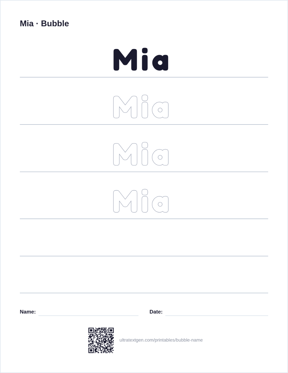 Bubble name sample for Mia: a solid bubble-letter model above hollow bubble outlines to trace and color