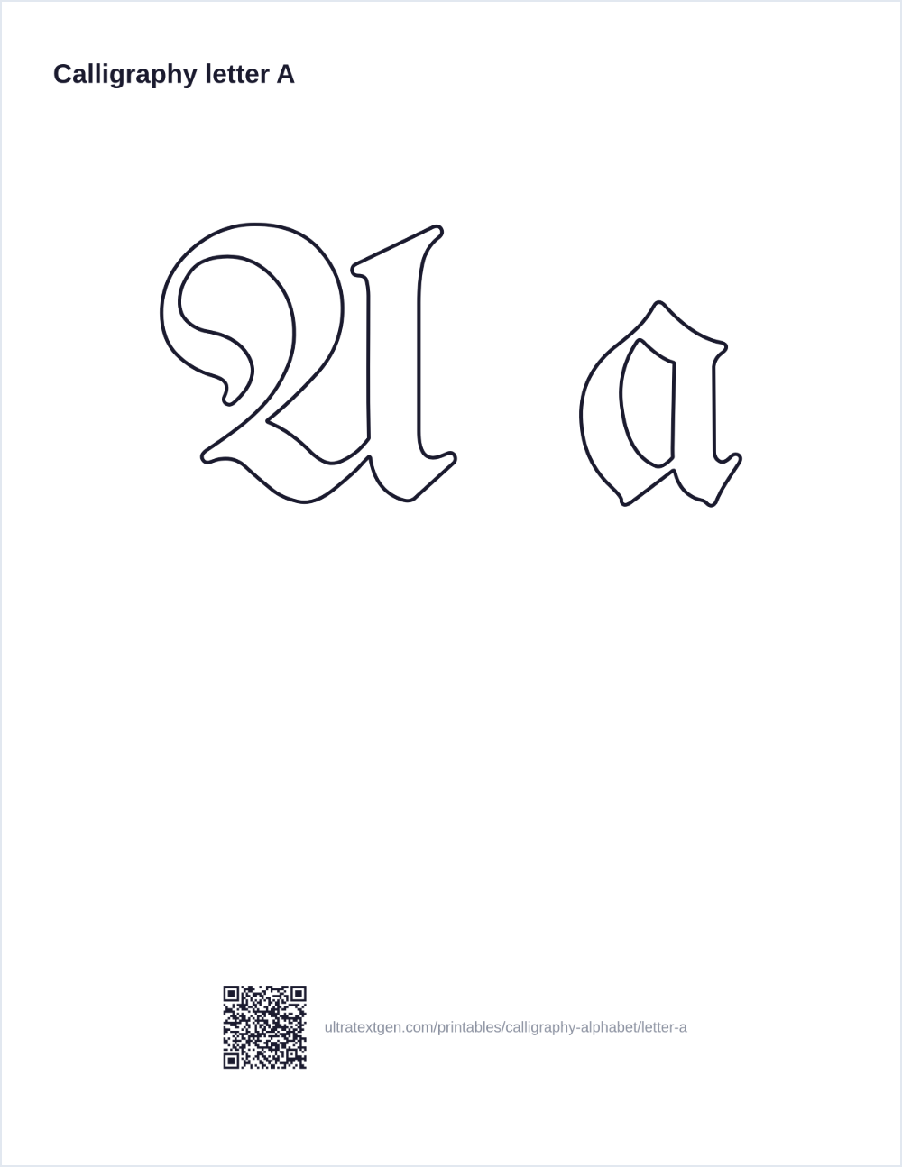 Calligraphy letter A practice sheet: blackletter uppercase and lowercase in hollow outline, to trace