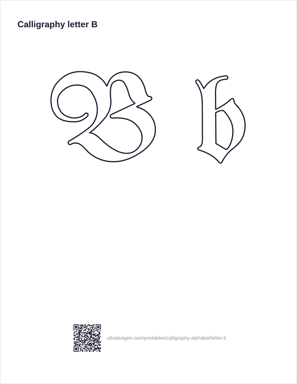 Calligraphy letter B practice sheet: blackletter uppercase and lowercase in hollow outline, to trace