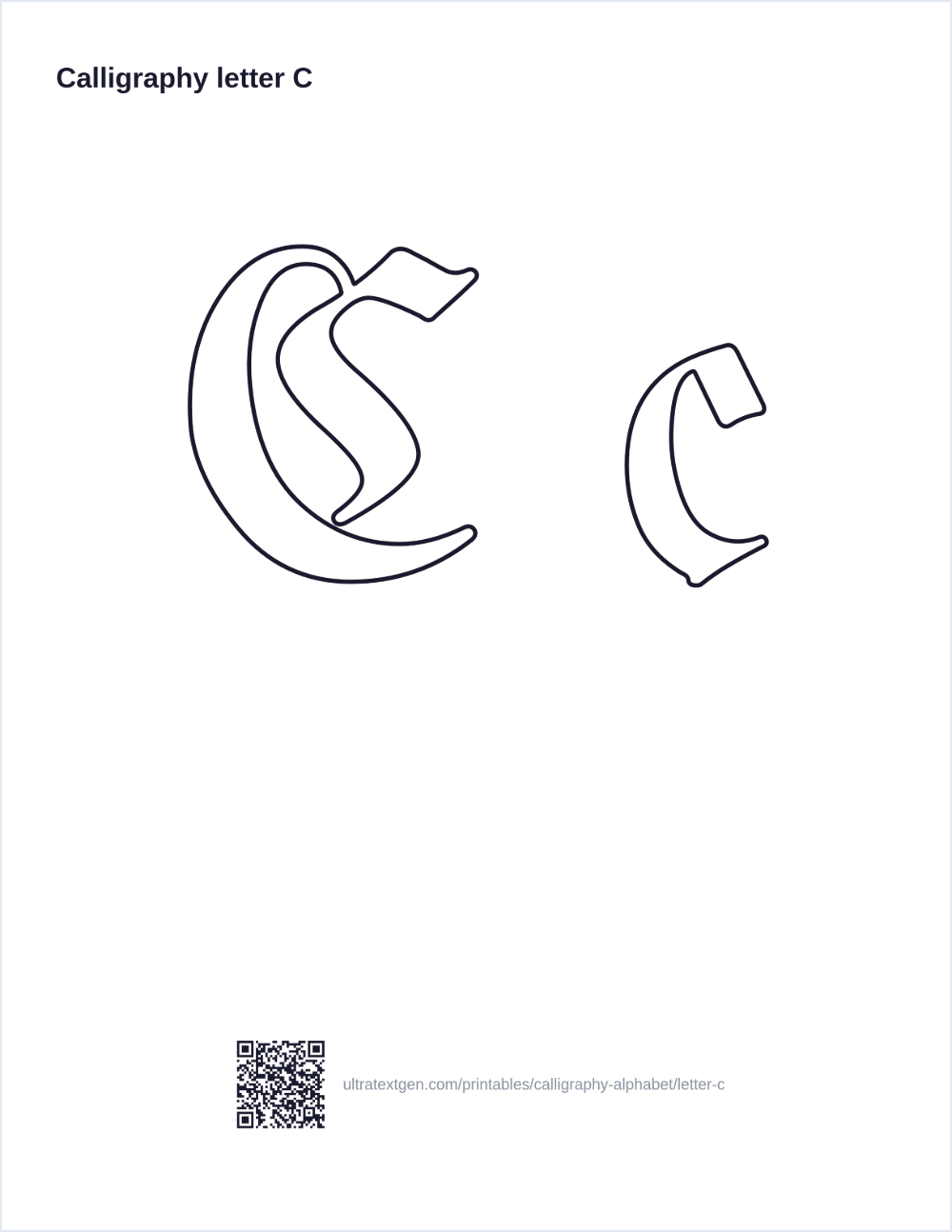 Calligraphy letter C practice sheet: blackletter uppercase and lowercase in hollow outline, to trace