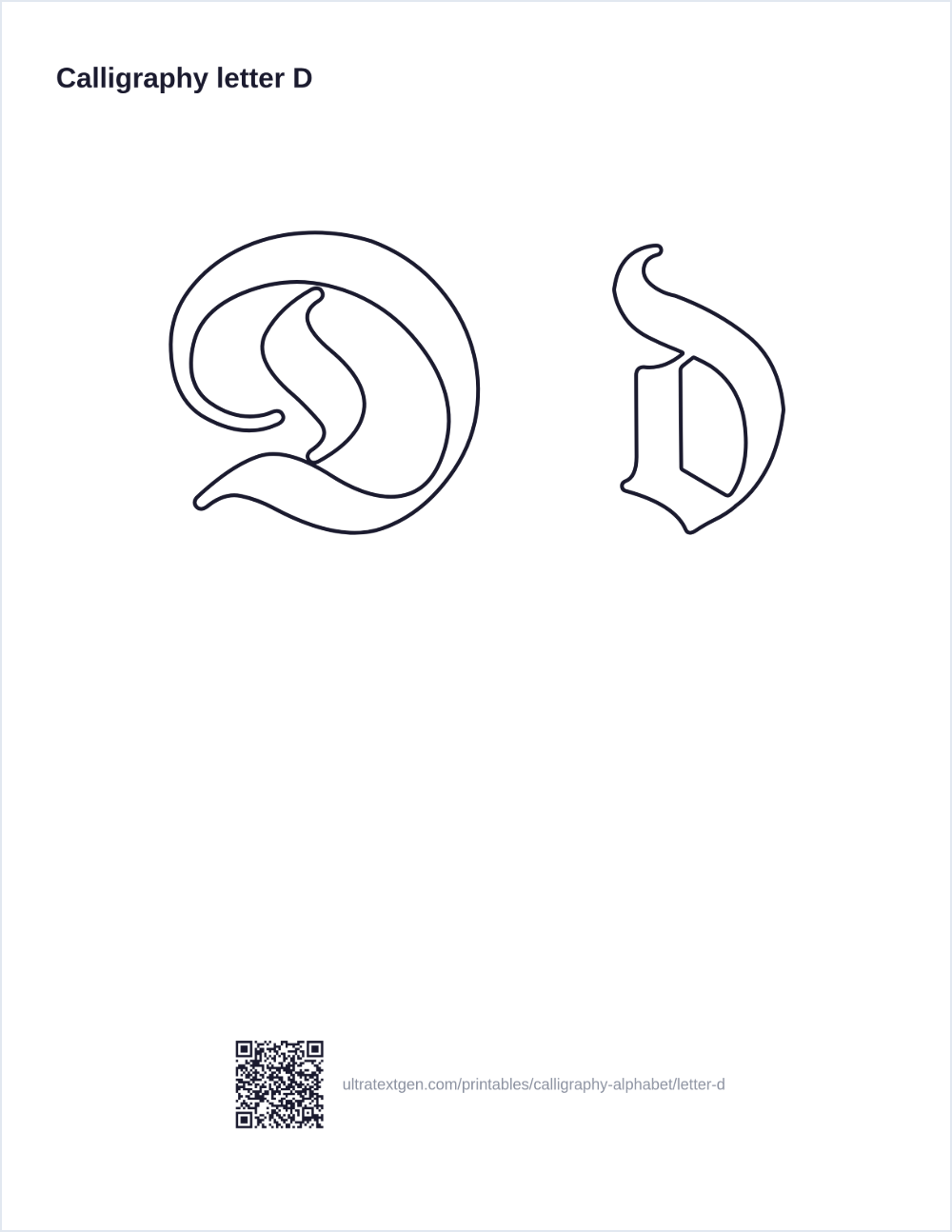 Calligraphy letter D practice sheet: blackletter uppercase and lowercase in hollow outline, to trace