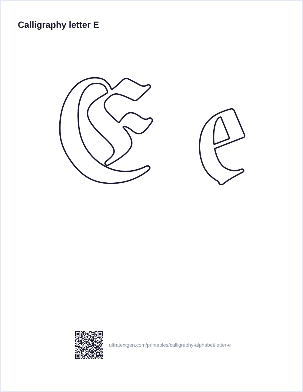 Calligraphy letter E practice sheet: blackletter uppercase and lowercase in hollow outline, to trace