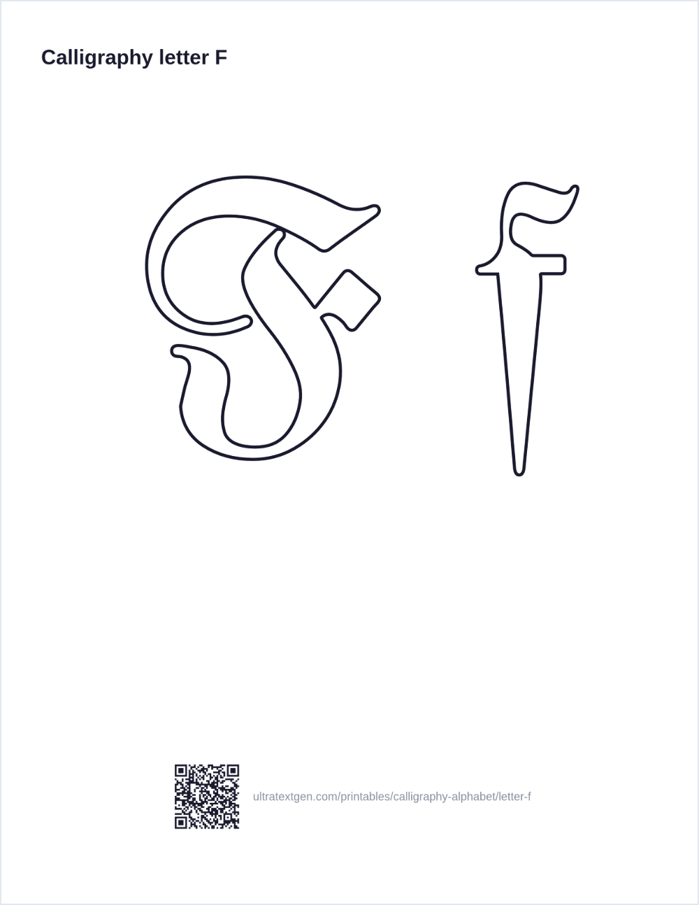Calligraphy letter F practice sheet: blackletter uppercase and lowercase in hollow outline, to trace