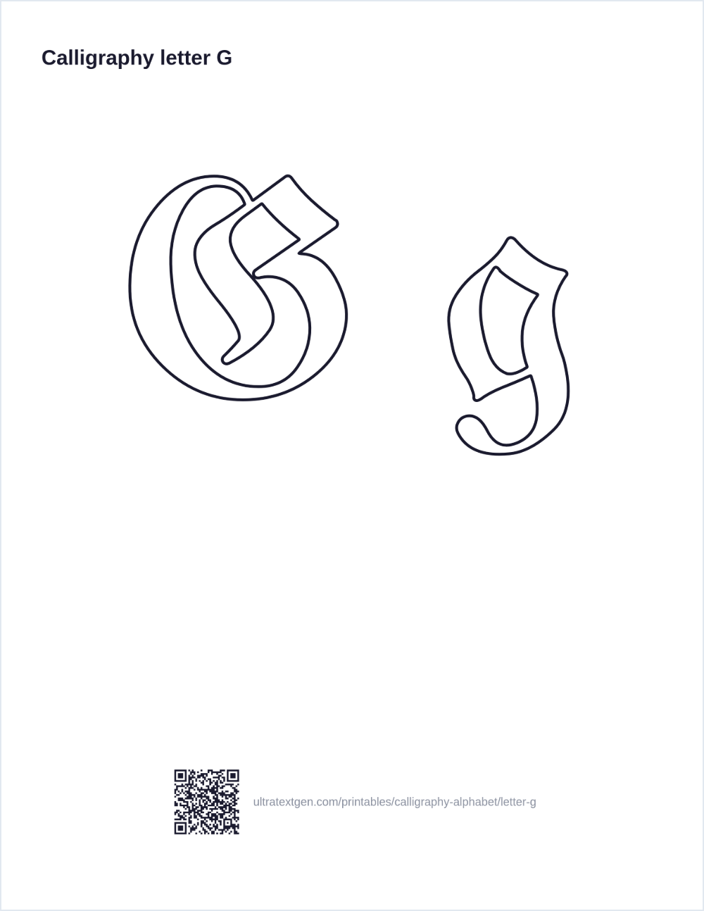 Calligraphy letter G practice sheet: blackletter uppercase and lowercase in hollow outline, to trace