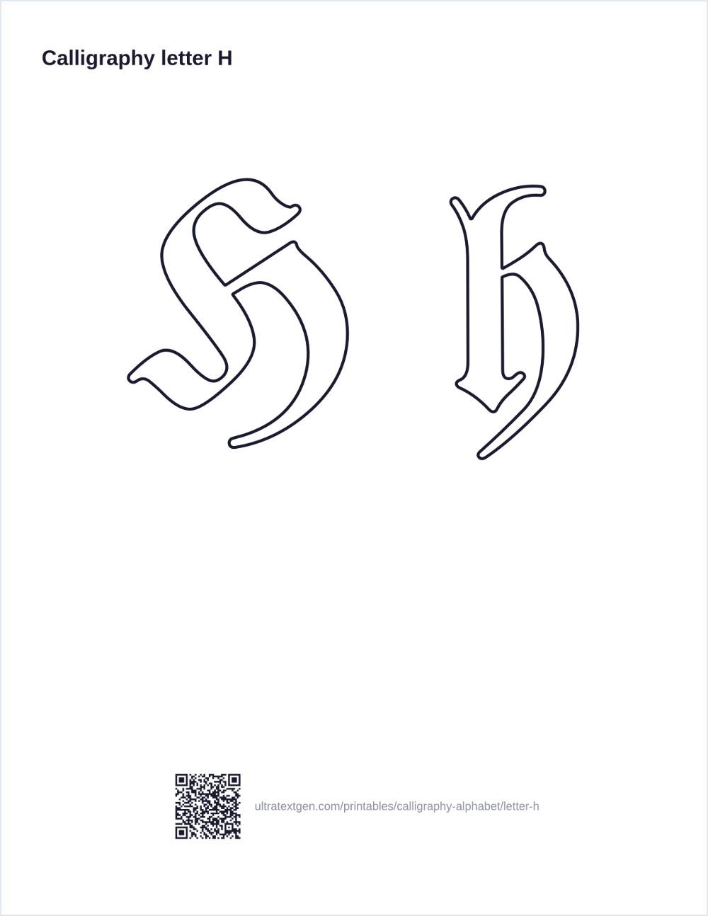 Calligraphy letter H practice sheet: blackletter uppercase and lowercase in hollow outline, to trace