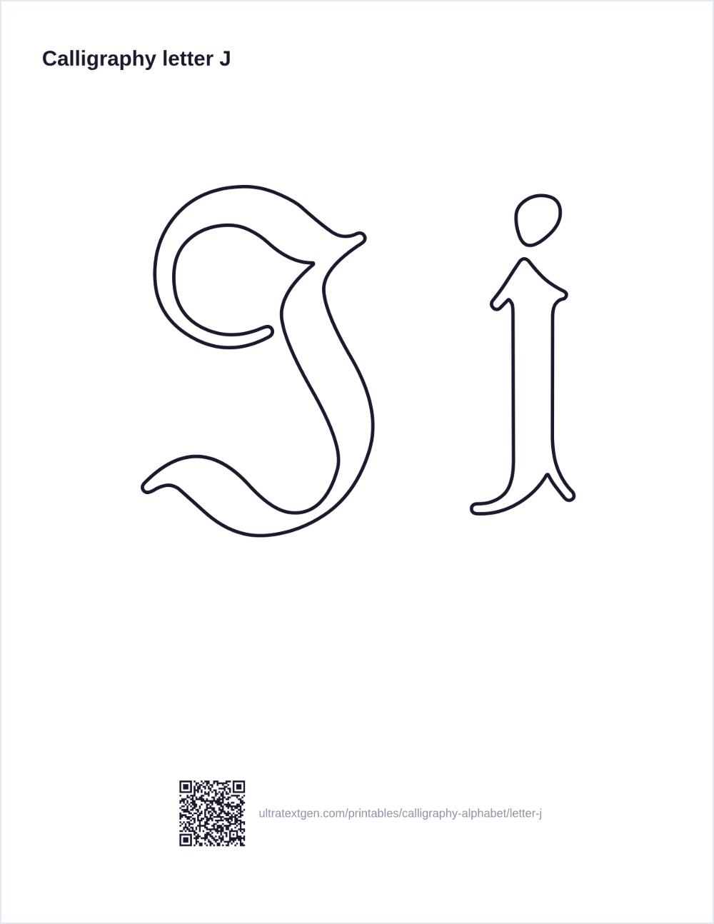 Calligraphy letter J practice sheet: blackletter uppercase and lowercase in hollow outline, to trace