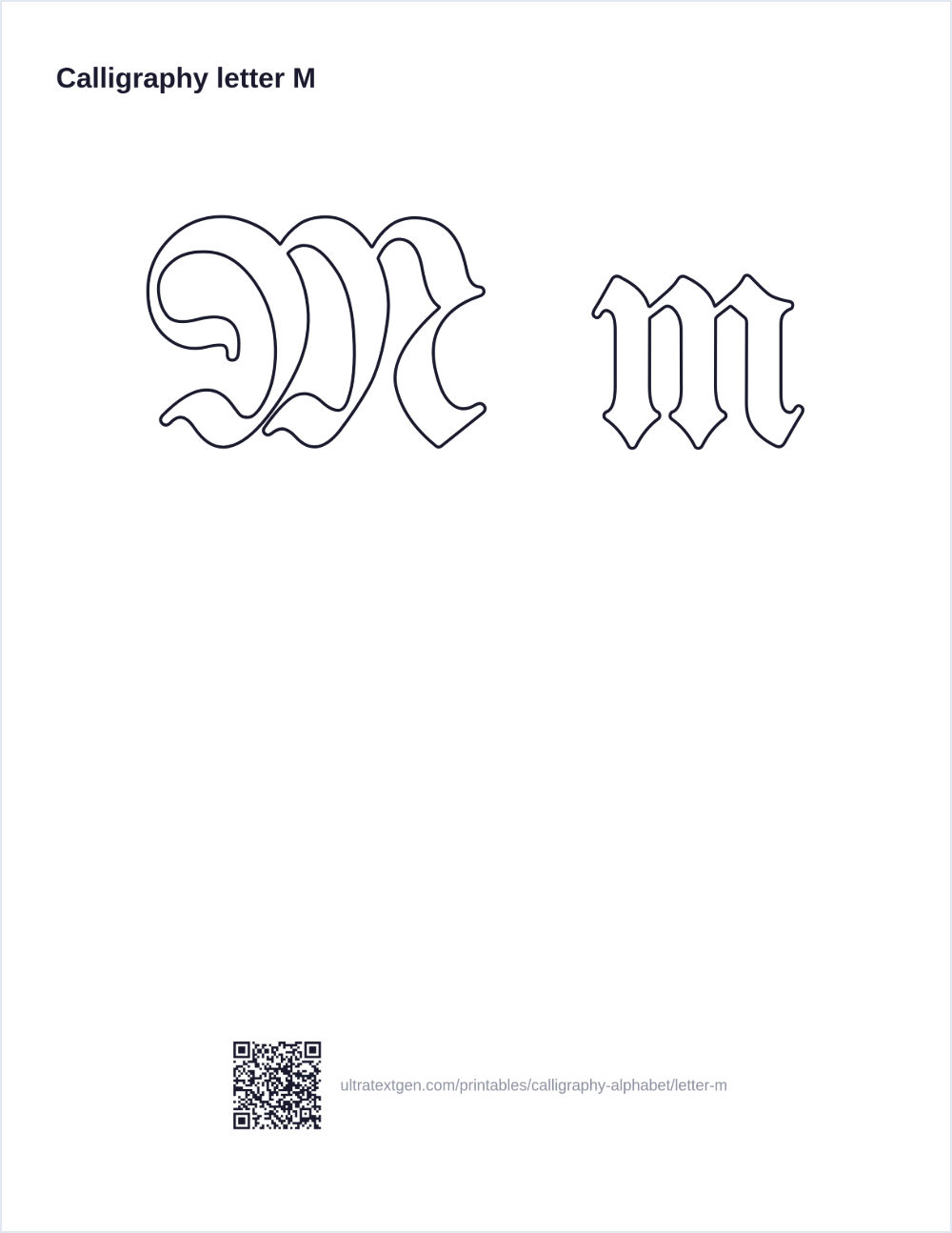 Calligraphy letter M practice sheet: blackletter uppercase and lowercase in hollow outline, to trace