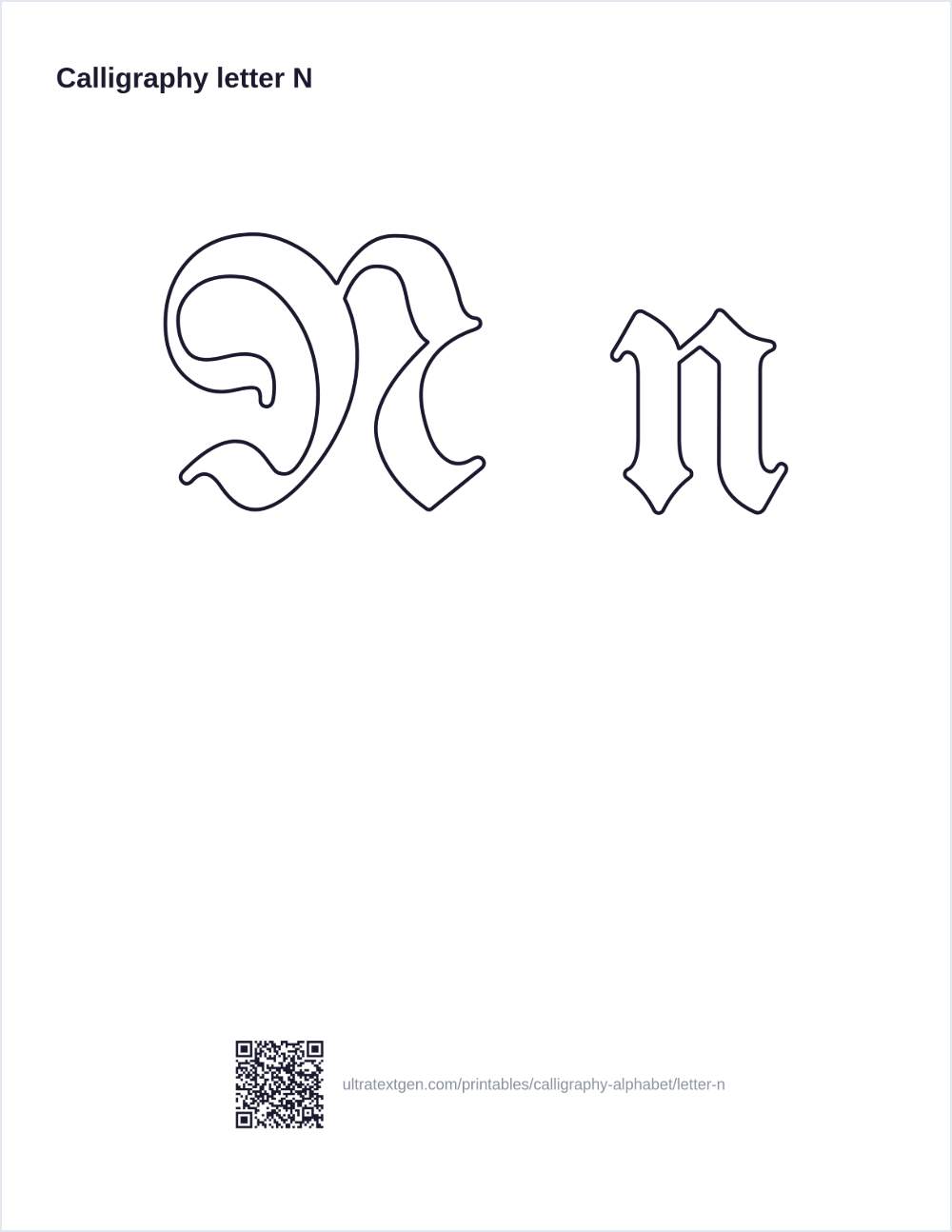 Calligraphy letter N practice sheet: blackletter uppercase and lowercase in hollow outline, to trace